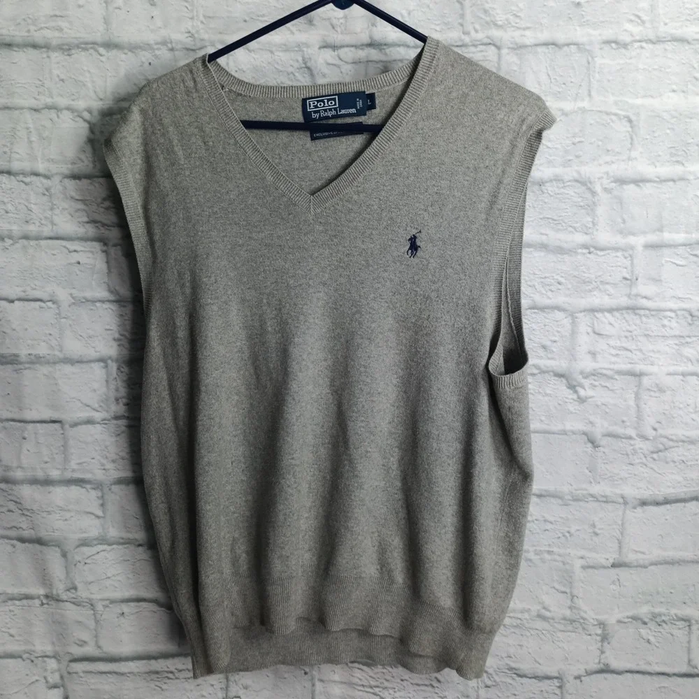 Polo Ralph Lauren Mens Gray 100% Pima Cotton V-Neck Sweater Vest Size Large